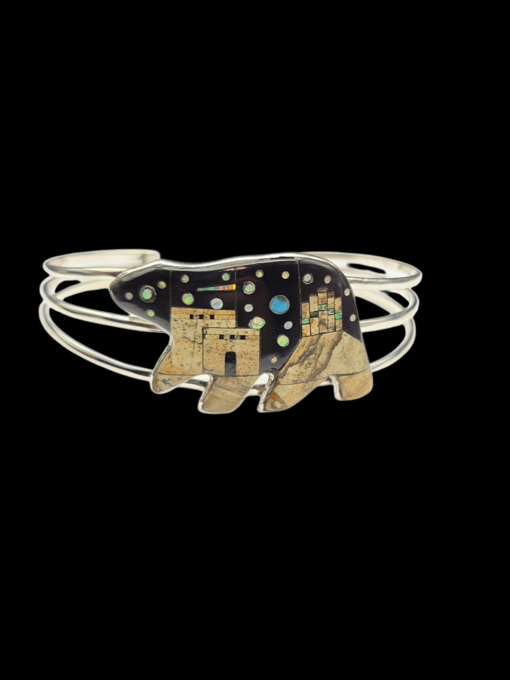 Bear Motif Silver Cuff Bracelet with Black and Tan Inlay